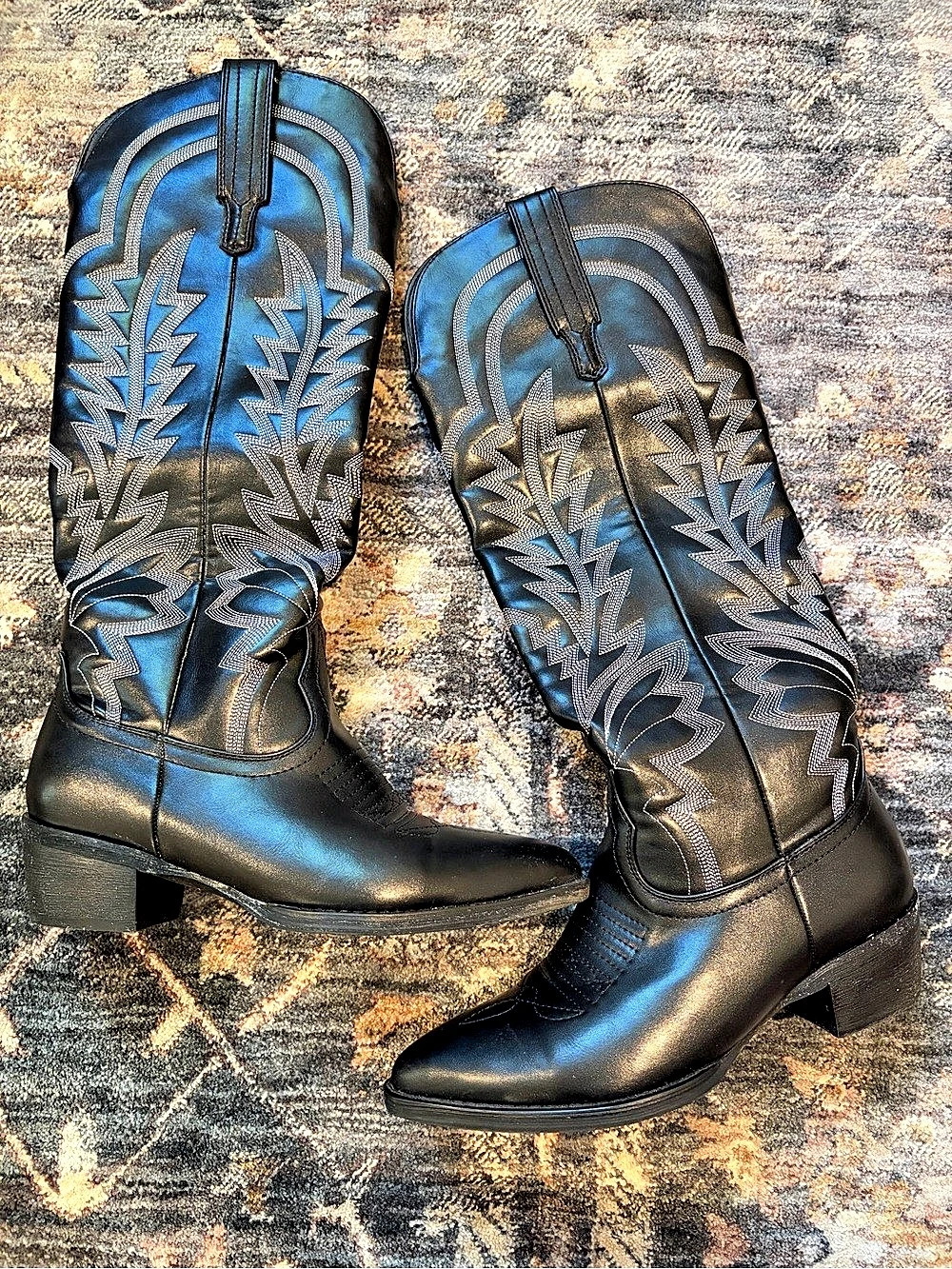 Black Knee High Cowgirl Boots with Classic Embroidered Design